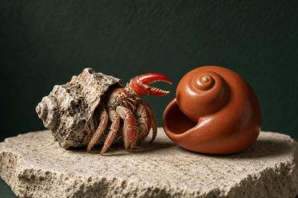 Um caranguejo-ermitão sai de uma concha velha e lascada em direção a uma concha nova cor de terracota, sobre pedra clara e fundo verde-floresta.