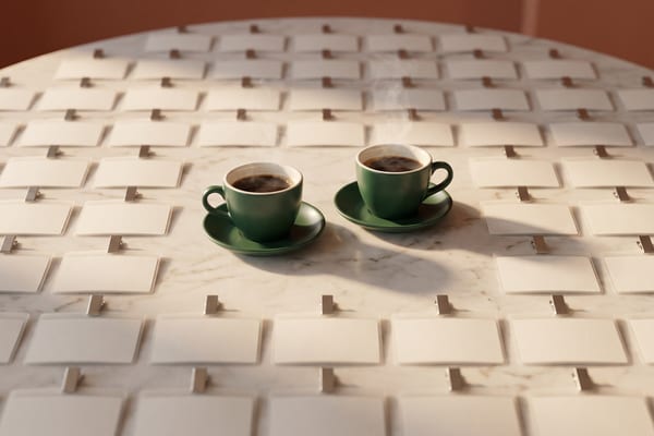 Duas xícaras de café verde-floresta lado a lado, no centro de uma mesa de mármore claro coberta por fileiras de crachás de evento em branco, com luz lateral quente e parede terracota ao fundo.
