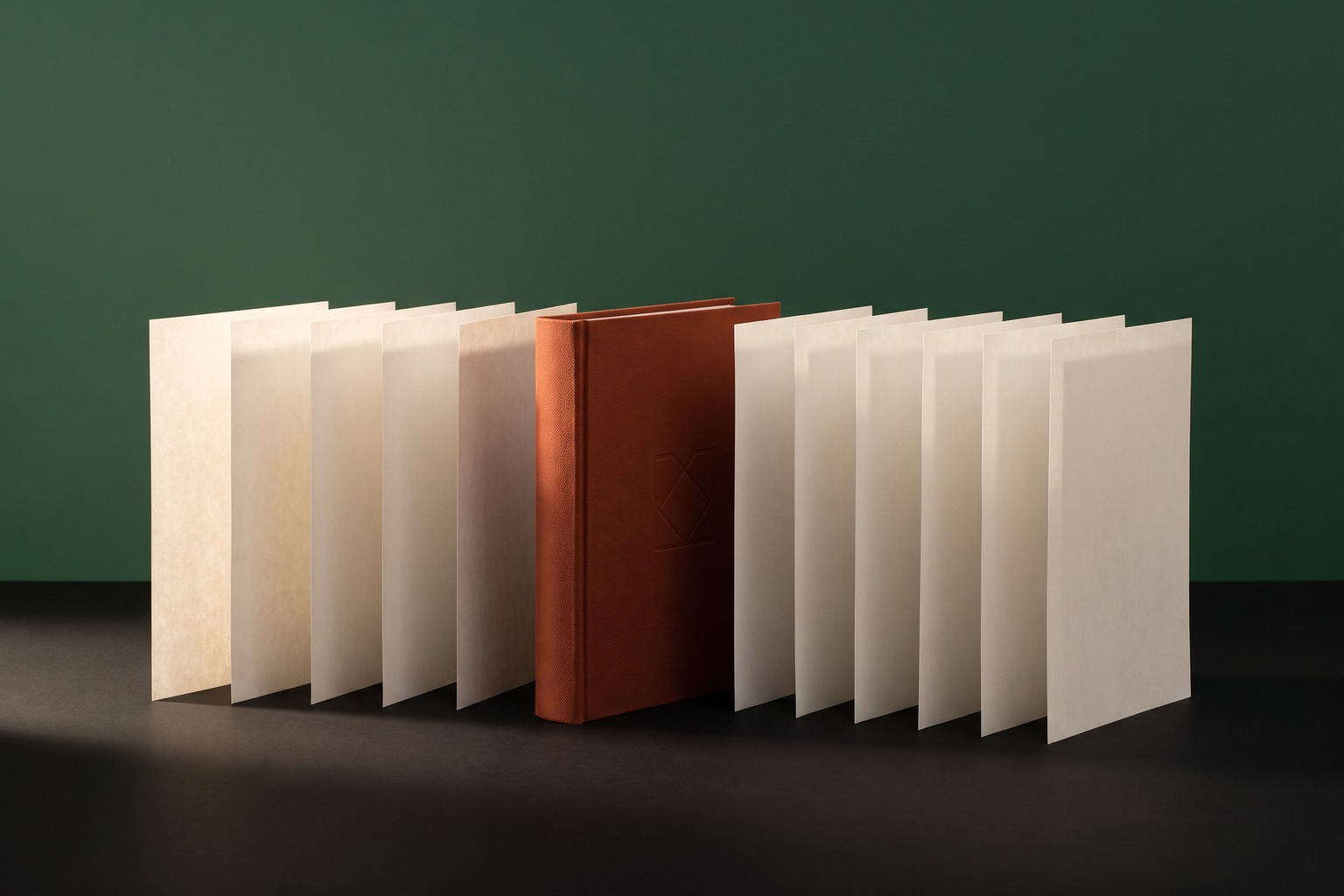 Livro de capa de linho terracota em pé no centro de uma fileira de folhas soltas de papel bege-osso, sobre mesa escura e parede verde-floresta, com luz lateral quente.