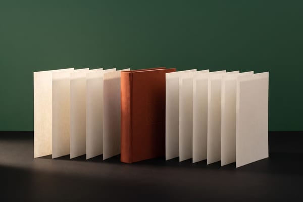 Livro de capa de linho terracota em pé no centro de uma fileira de folhas soltas de papel bege-osso, sobre mesa escura e parede verde-floresta, com luz lateral quente.
